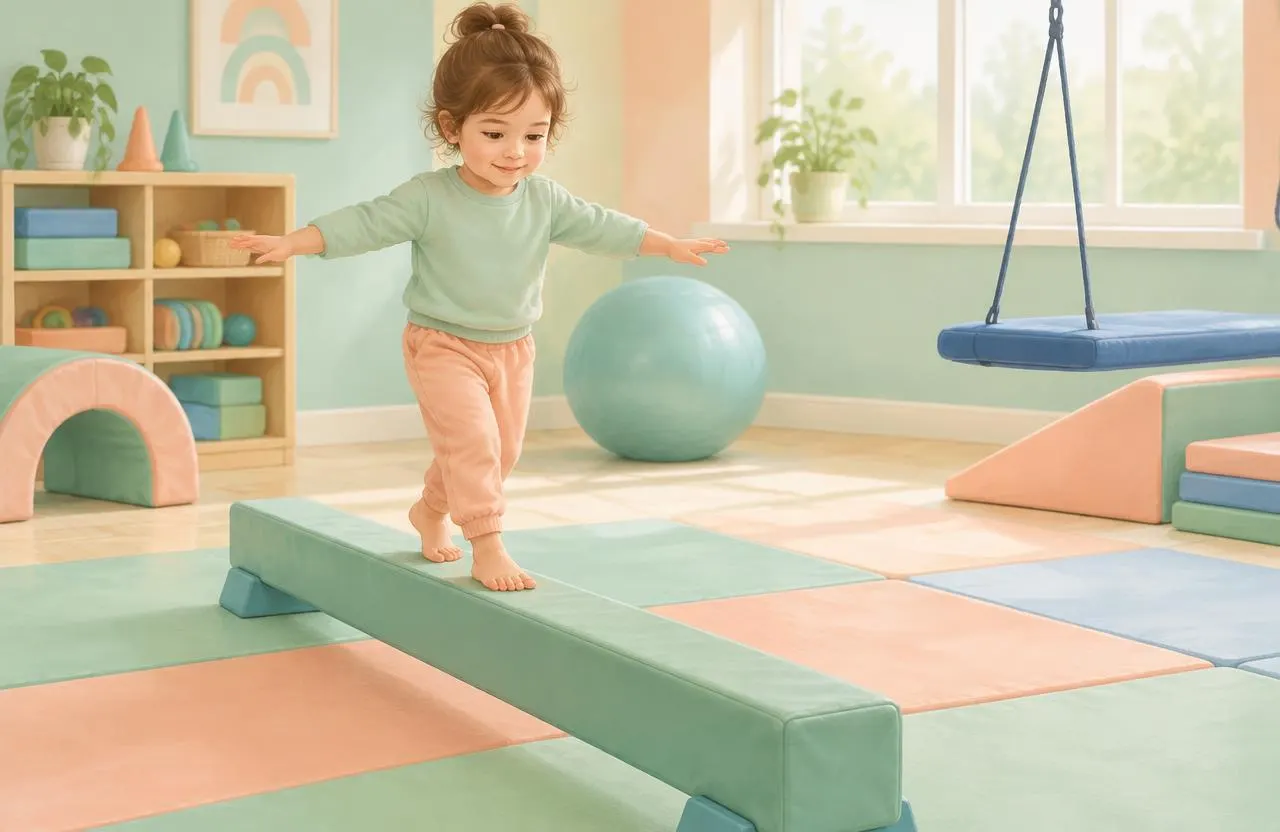 Child walking on a padded balance beam with arms outstretched