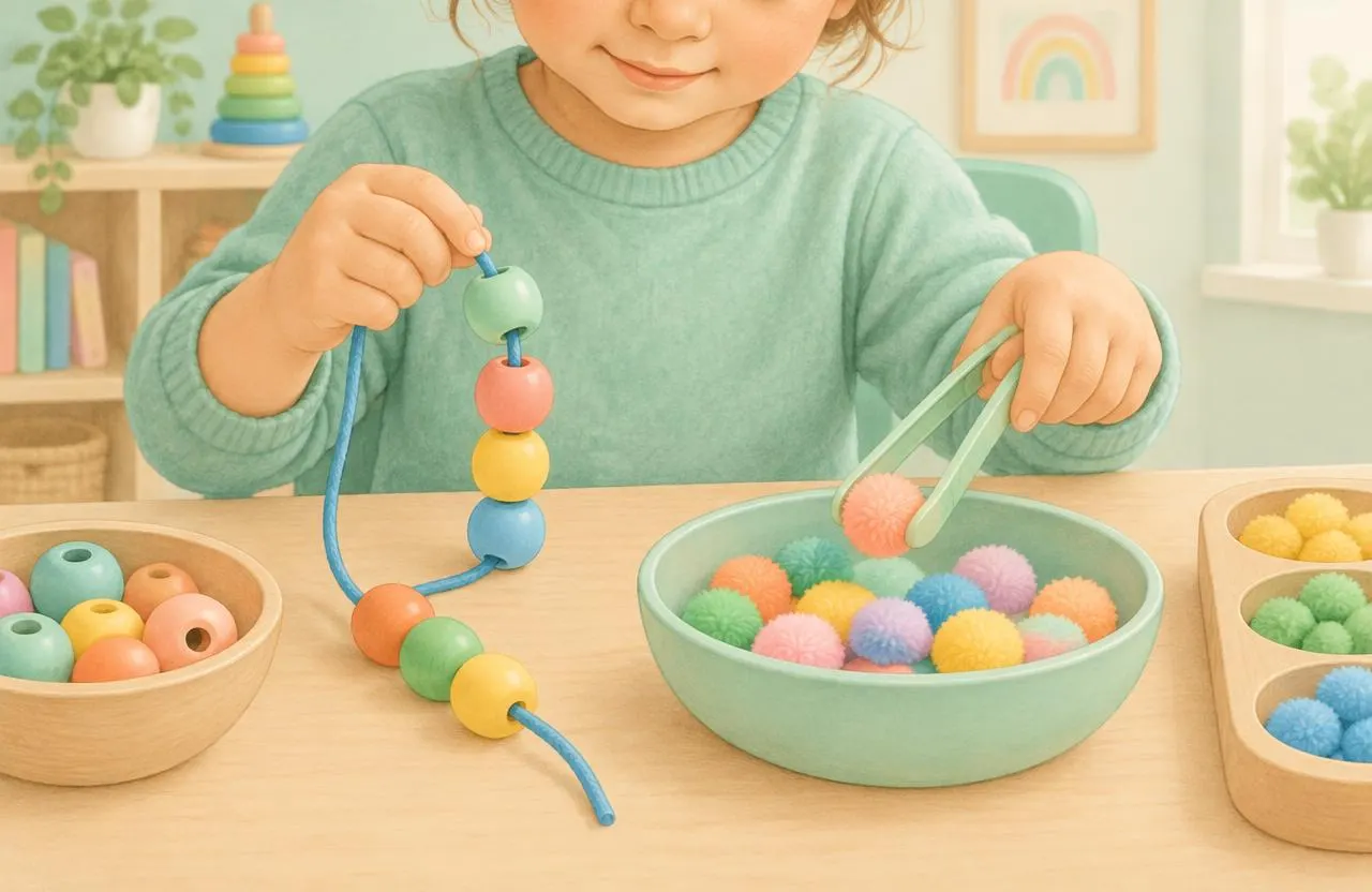 Child threading beads and using tongs to pick up pom-poms during fine motor play