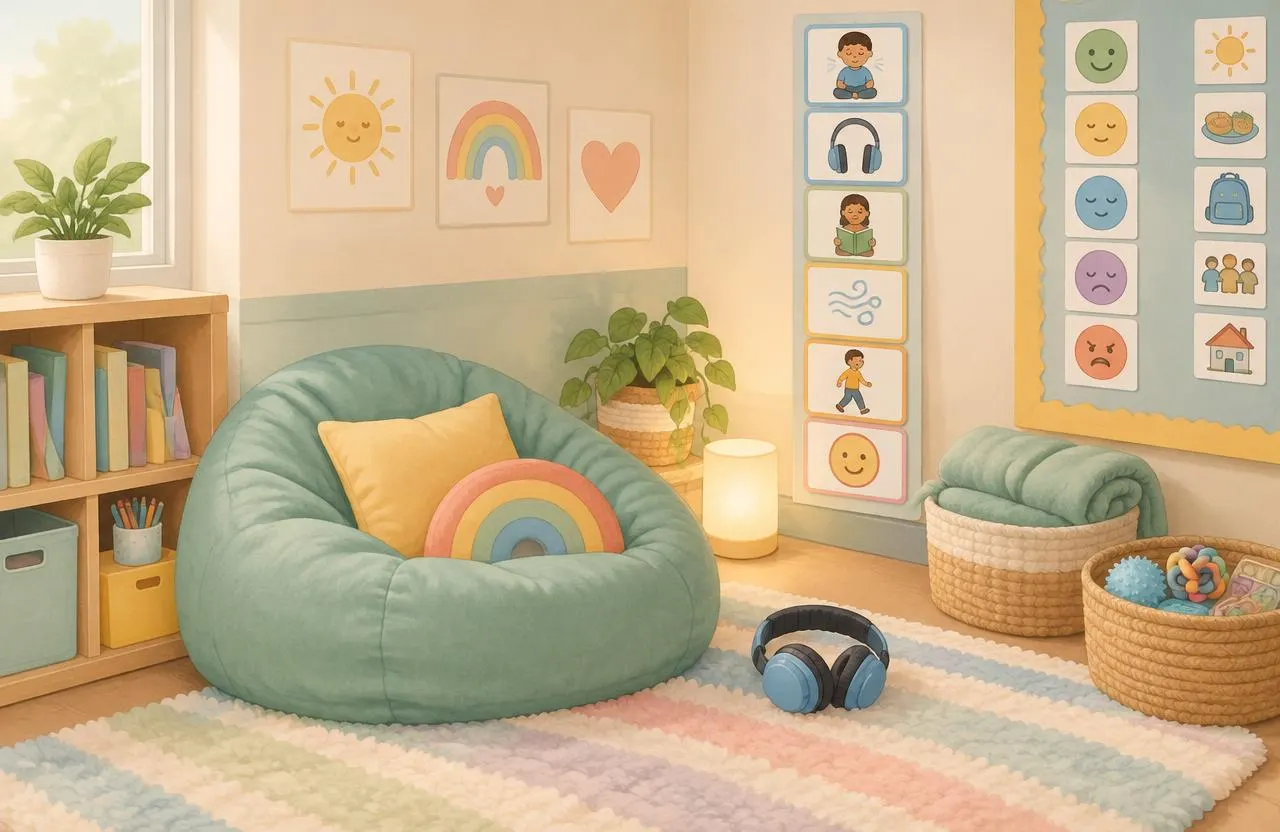 Classroom calm-down corner with bean bag, headphones and visual schedule cards