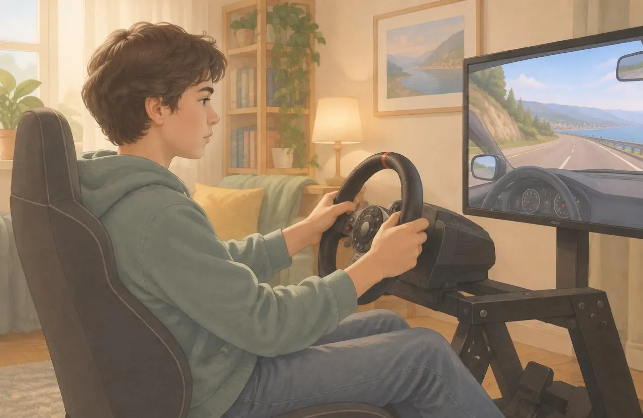 Teenager practicing on a driving simulator at home